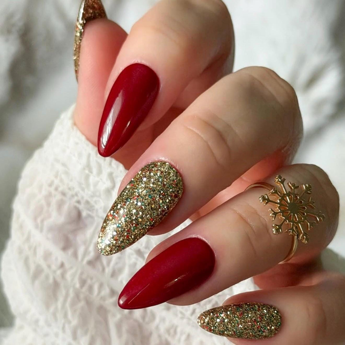 Christmas Burgundy, Teal & Gold Glitter Press On Nail Set