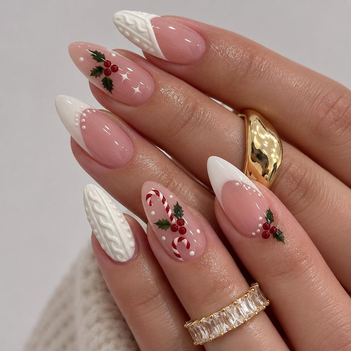 Christmas Cable Knit French Tip Press On Nails With Candy Canes and Berries