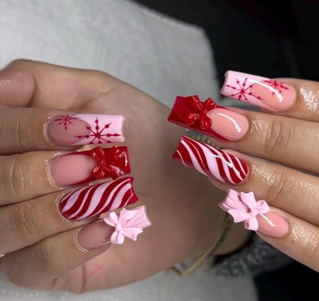 Christmas Candy Cane and 3D Bow Press On Nails