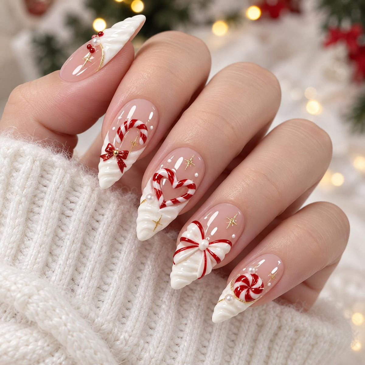 Christmas Candy Cane and Bow Nails with Pearls and Gold Star Details