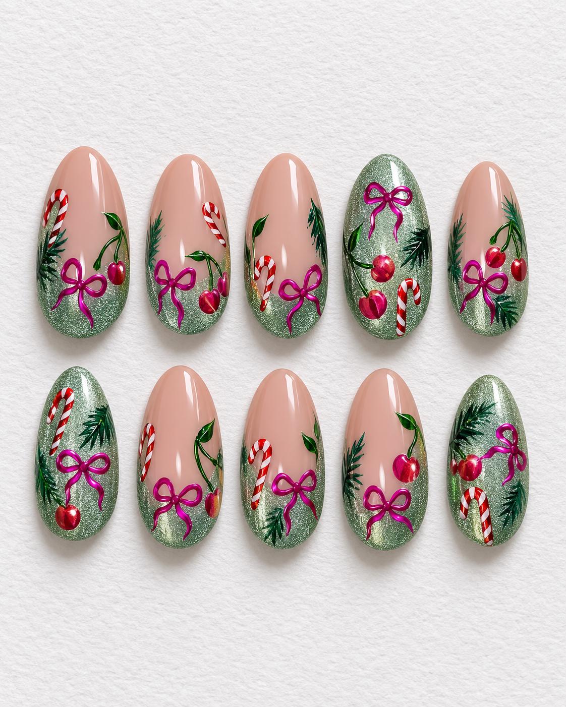Christmas Candy Cane and Cherry Nails With Green Glitter and Pink Bows