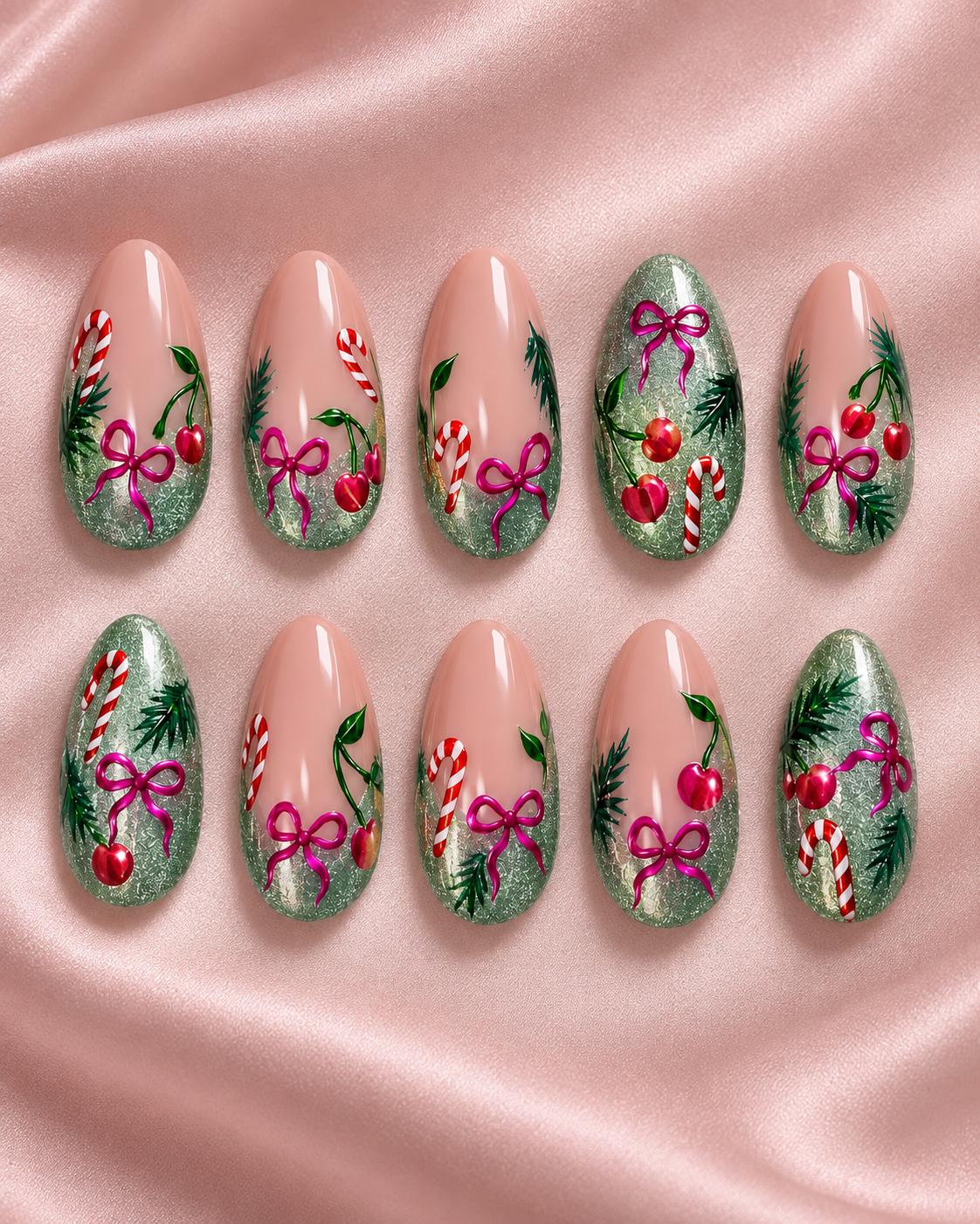Christmas Candy Cane and Cherry Nails With Green Glitter and Pink Bows
