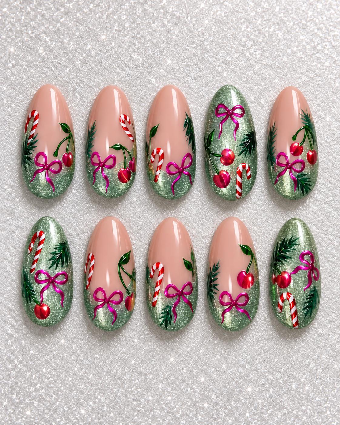 Christmas Candy Cane and Cherry Nails With Green Glitter and Pink Bows