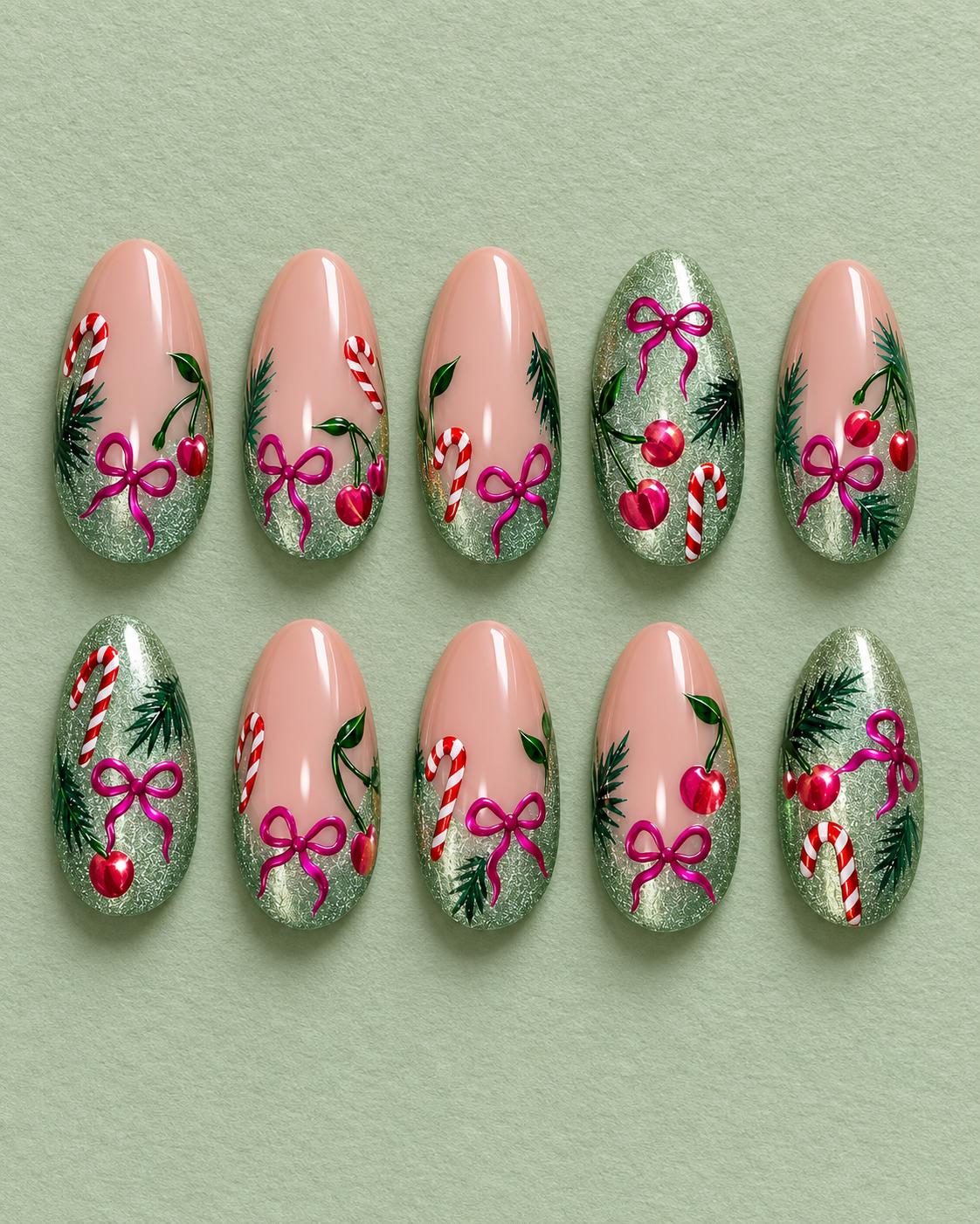 Christmas Candy Cane and Cherry Nails With Green Glitter and Pink Bows