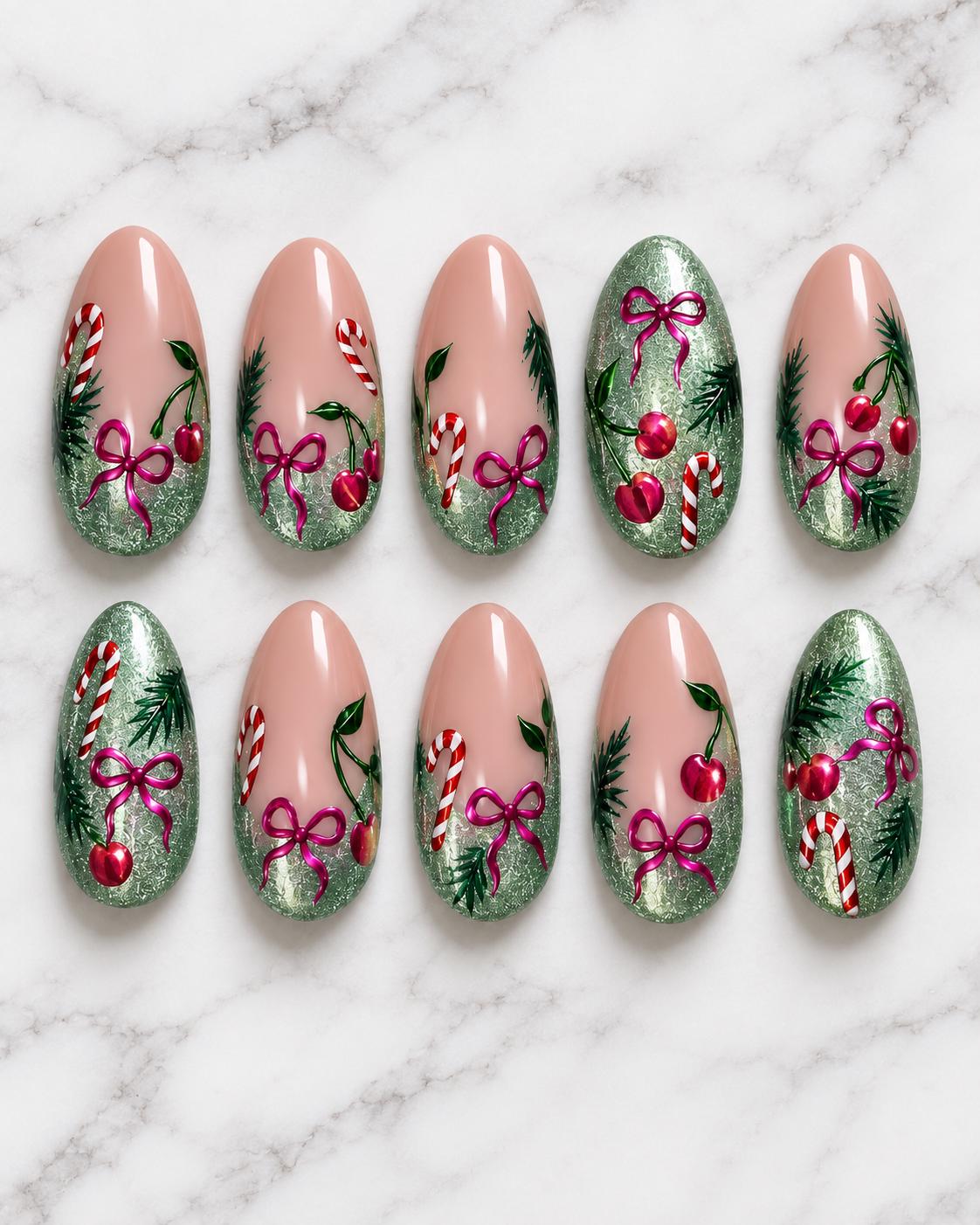 Christmas Candy Cane and Cherry Nails With Green Glitter and Pink Bows