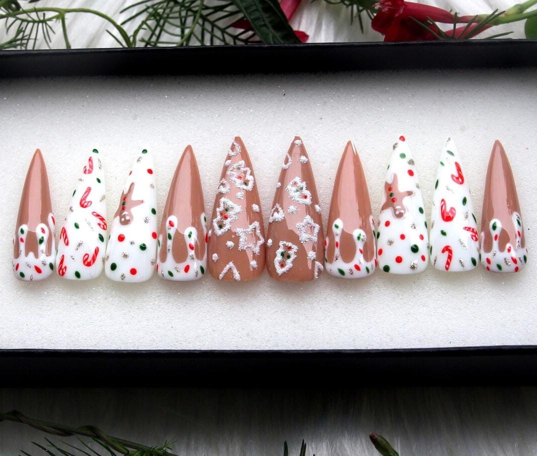 Christmas Candy Cane and Gingerbread Press-On Nail Set