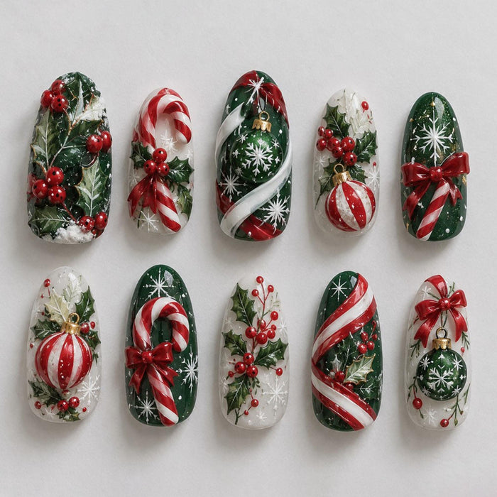 Christmas Candy Cane and Holly Press On Nails in Red, Green, and White