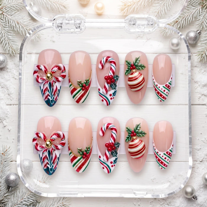 Christmas Candy Cane and Holly Press On Nails with Bows and Ornaments