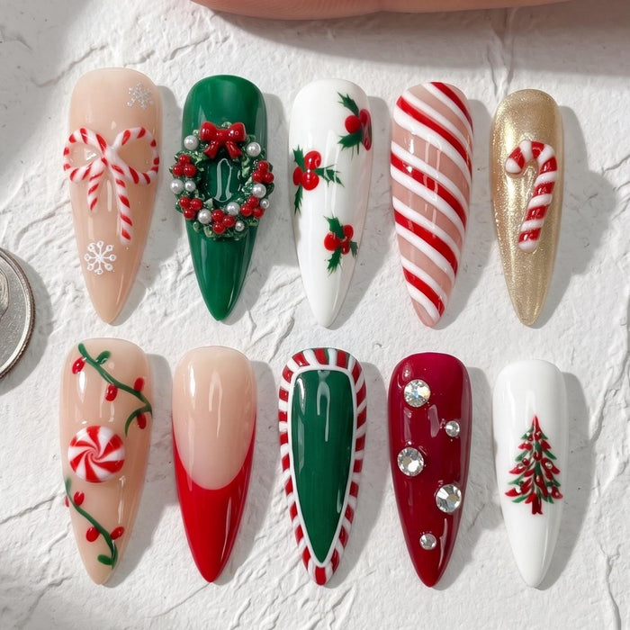 Christmas Candy Cane and Peppermint Press On Nail Set with 3D Wreath, Bow, and Rhinestones