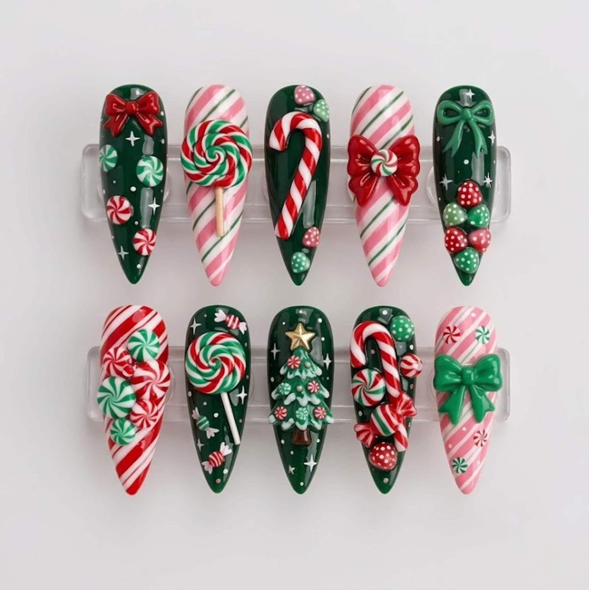 Christmas Candy Cane and Peppermint Swirl Press-On Nails with Bows