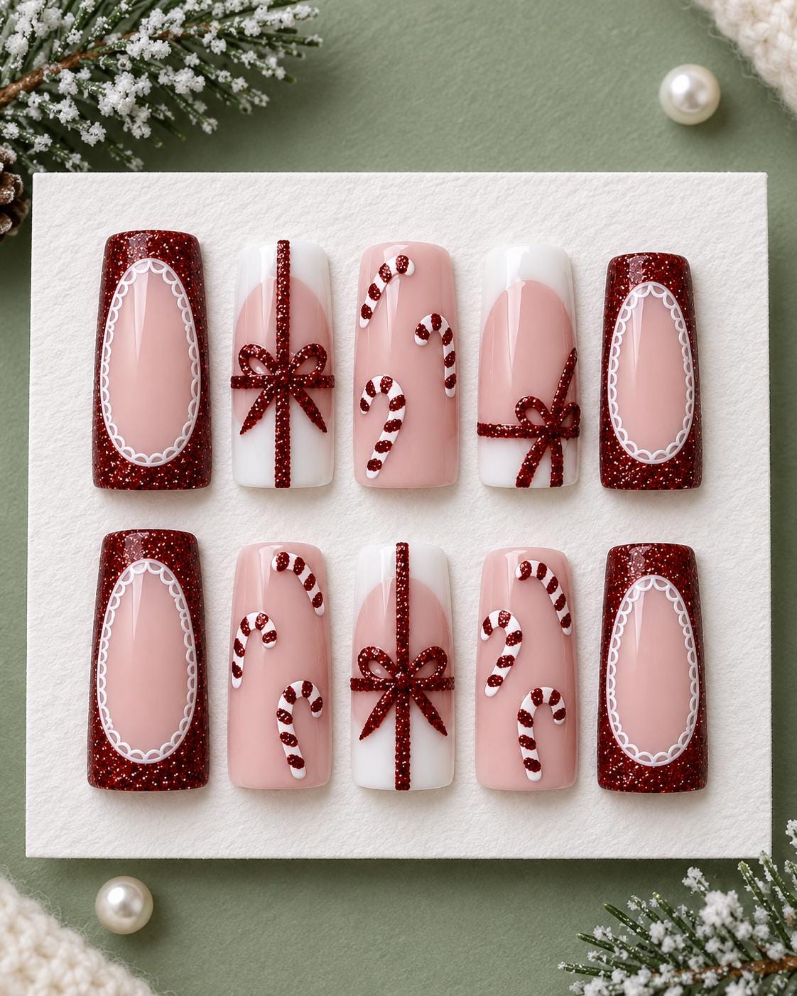 Christmas Candy Cane and Red Glitter Bow Press On Nails