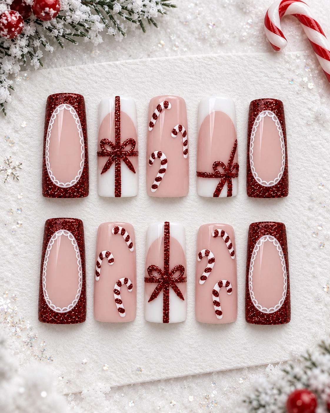 Christmas Candy Cane and Red Glitter Bow Press On Nails