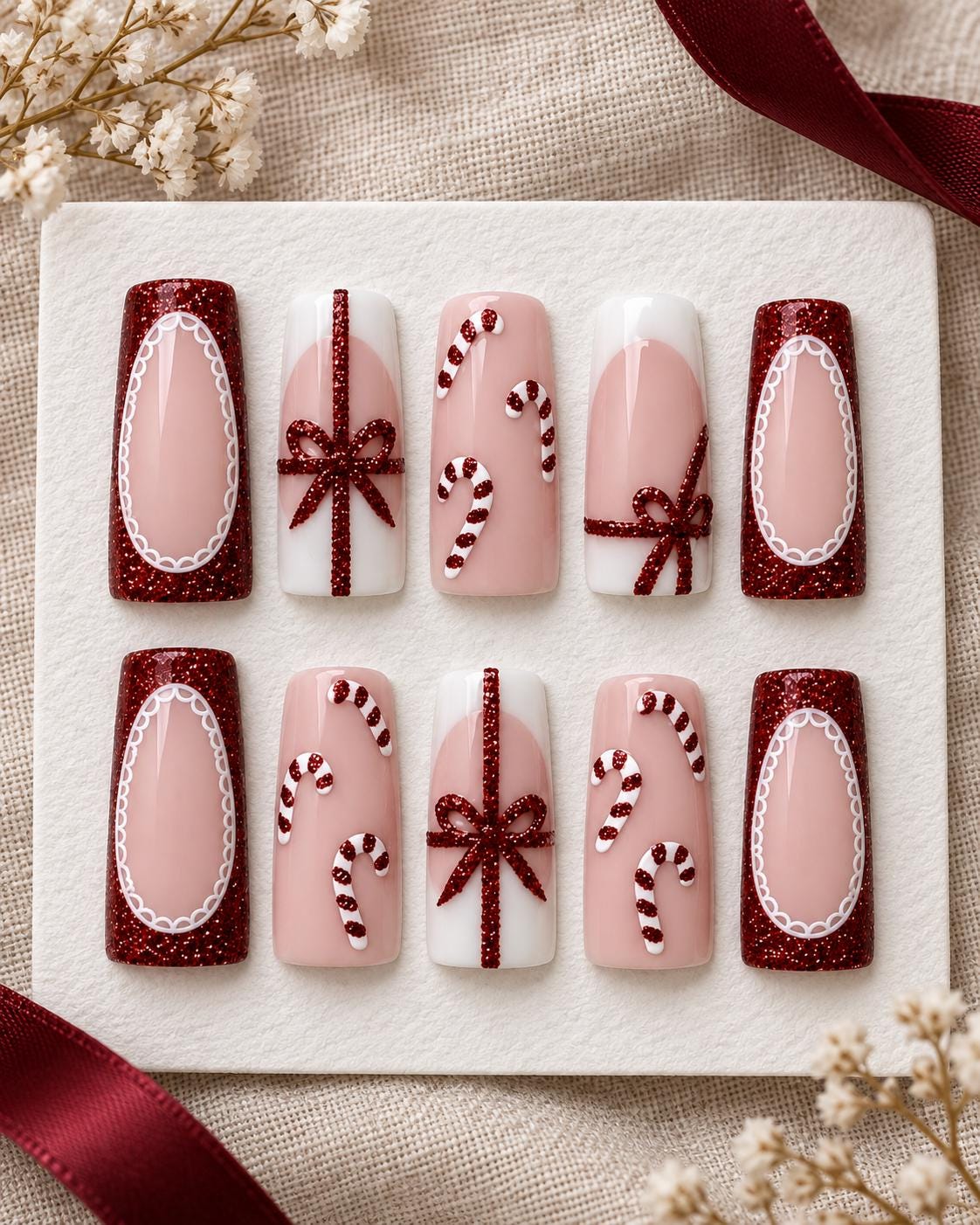 Christmas Candy Cane and Red Glitter Bow Press On Nails