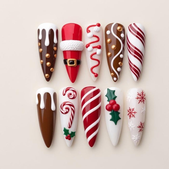 Christmas Candy Cane and Santa Press On Nail Set With 3D Icing Details