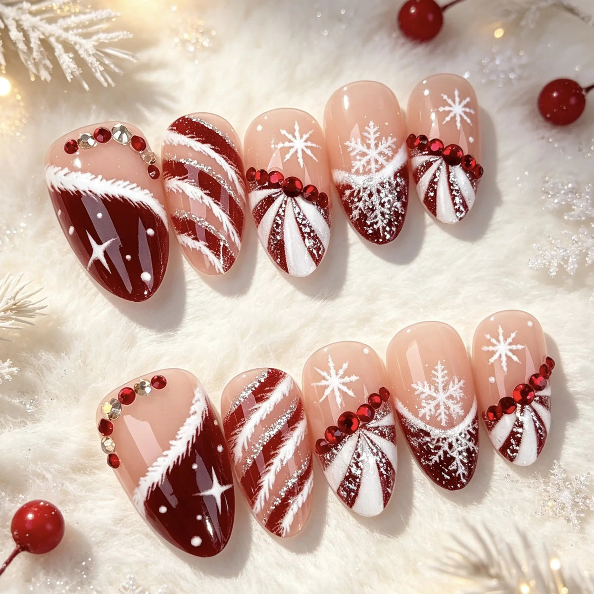 Christmas Candy Cane and Snowflake Nails with Red Rhinestones
