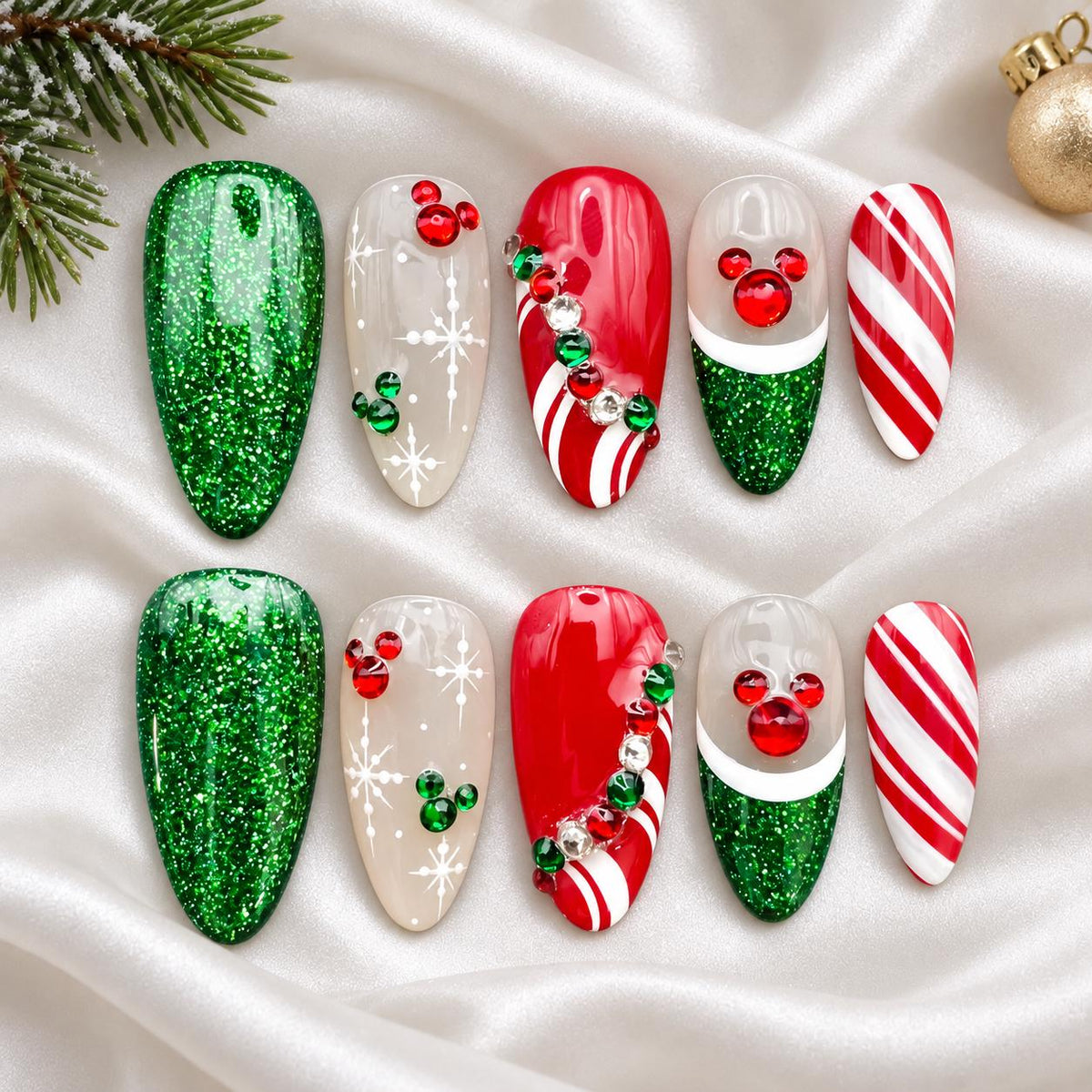 Christmas Candy Cane and Snowflake Press-On Nails With Emerald Glitter