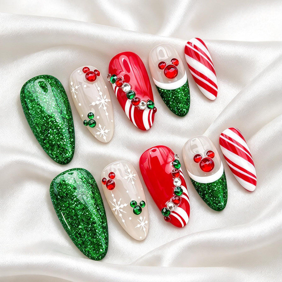 Christmas Candy Cane and Snowflake Press-On Nails With Emerald Glitter