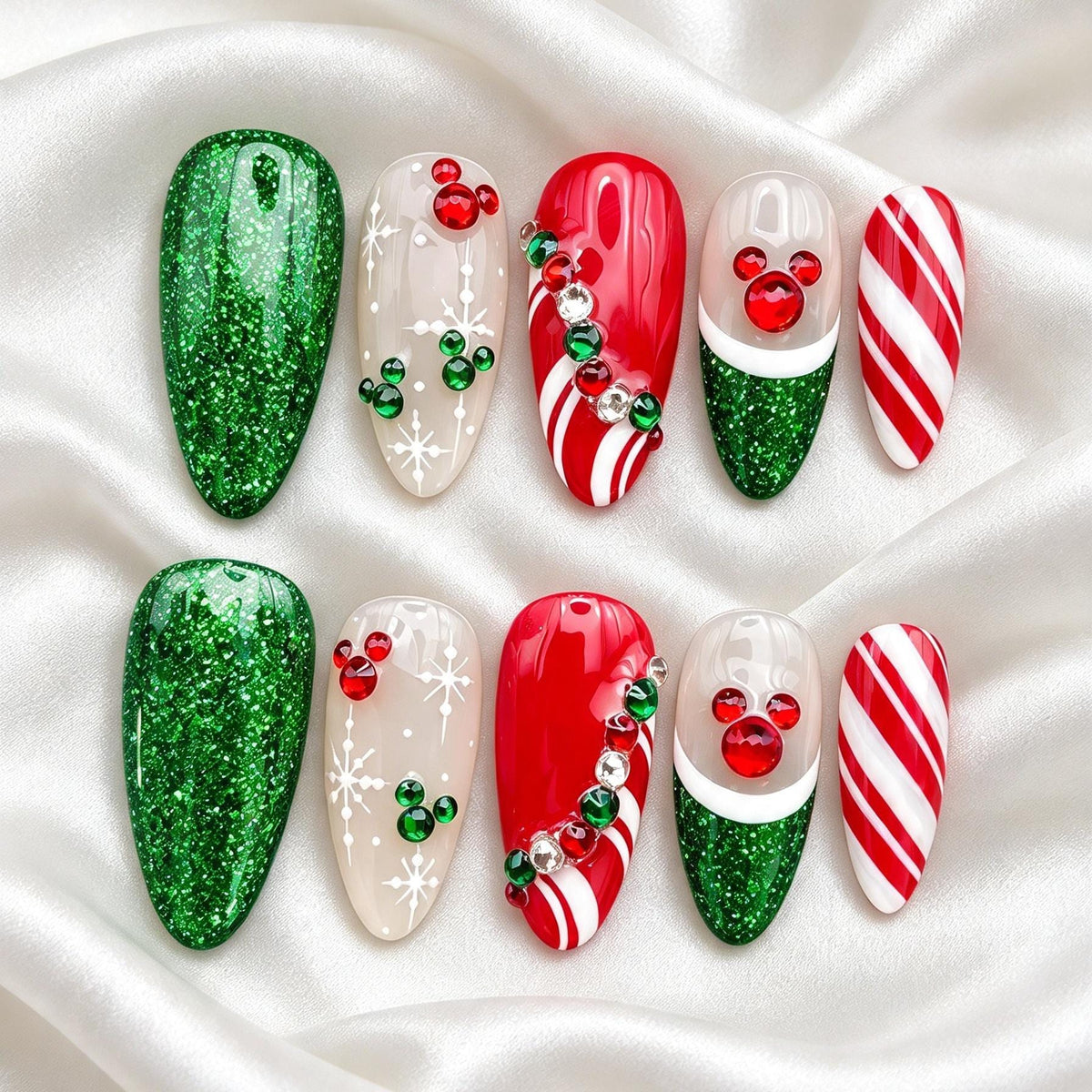 Christmas Candy Cane and Snowflake Press-On Nails With Emerald Glitter