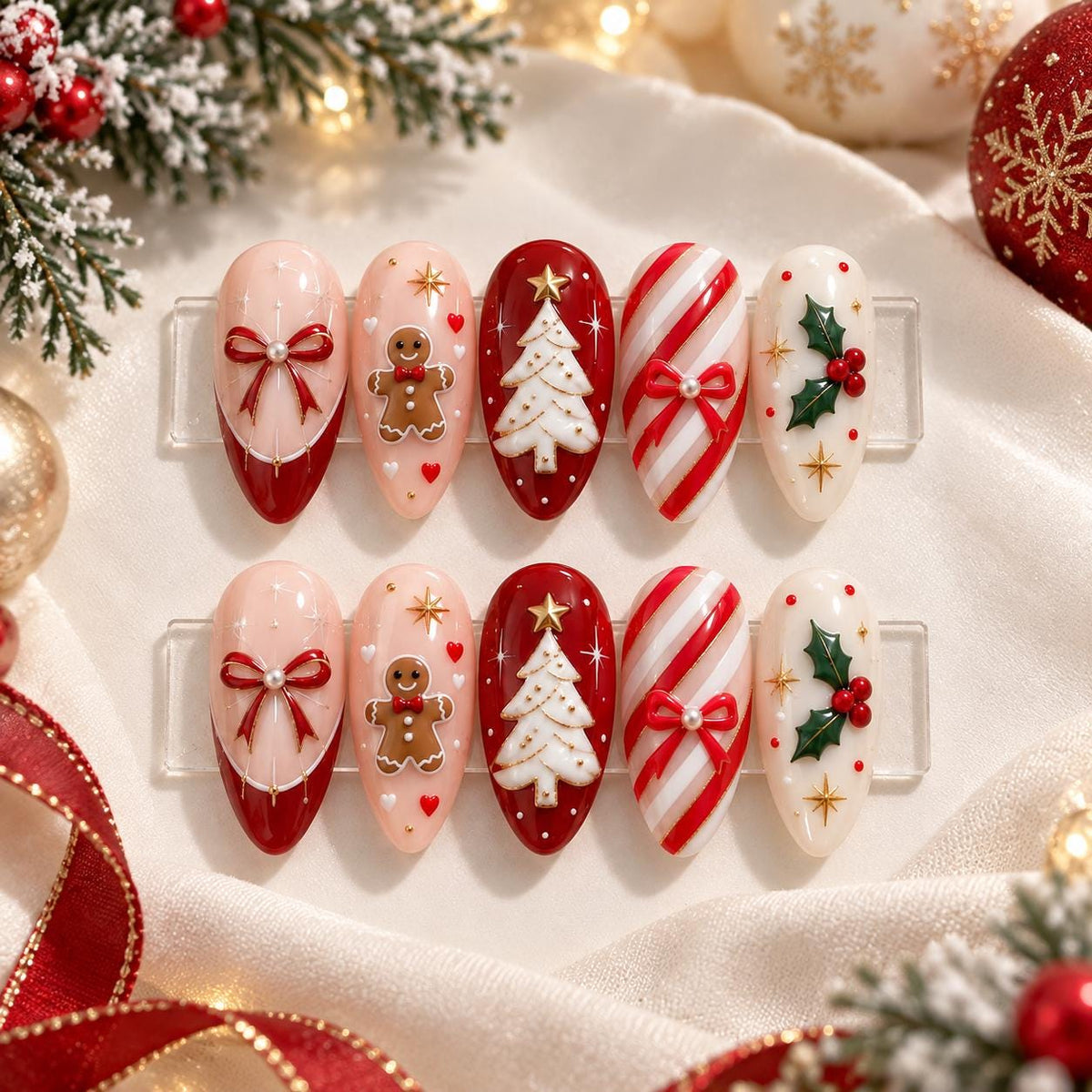 Christmas Candy Cane, Gingerbread, and Tree Press-On Nails