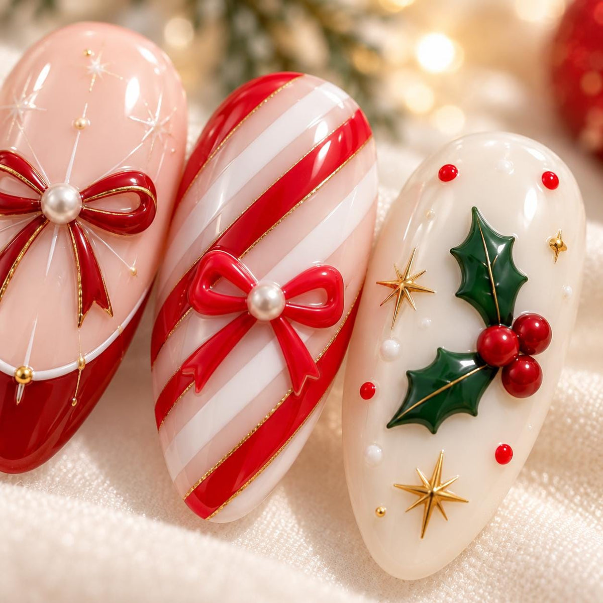 Christmas Candy Cane, Gingerbread, and Tree Press-On Nails