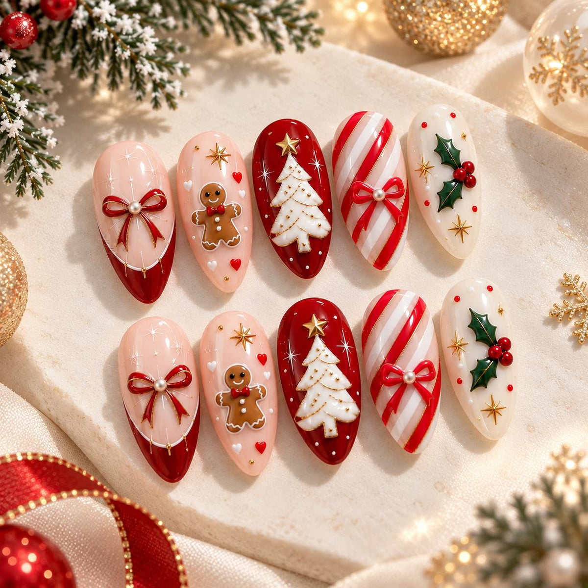 Christmas Candy Cane, Gingerbread, and Tree Press-On Nails