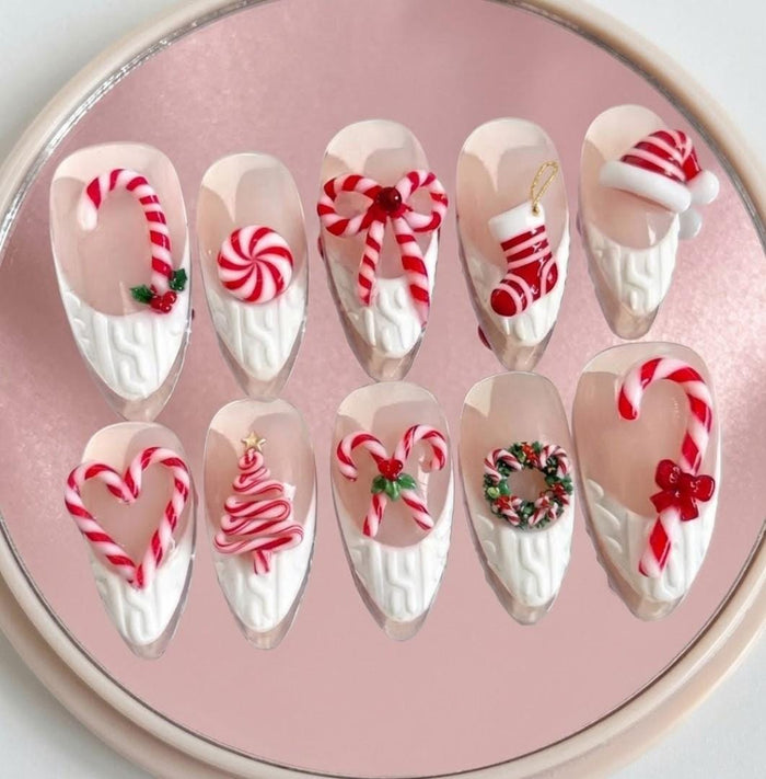 Christmas Candy Cane Press On Nails With Knit-Texture Tips, Bows, Wreaths and Hearts