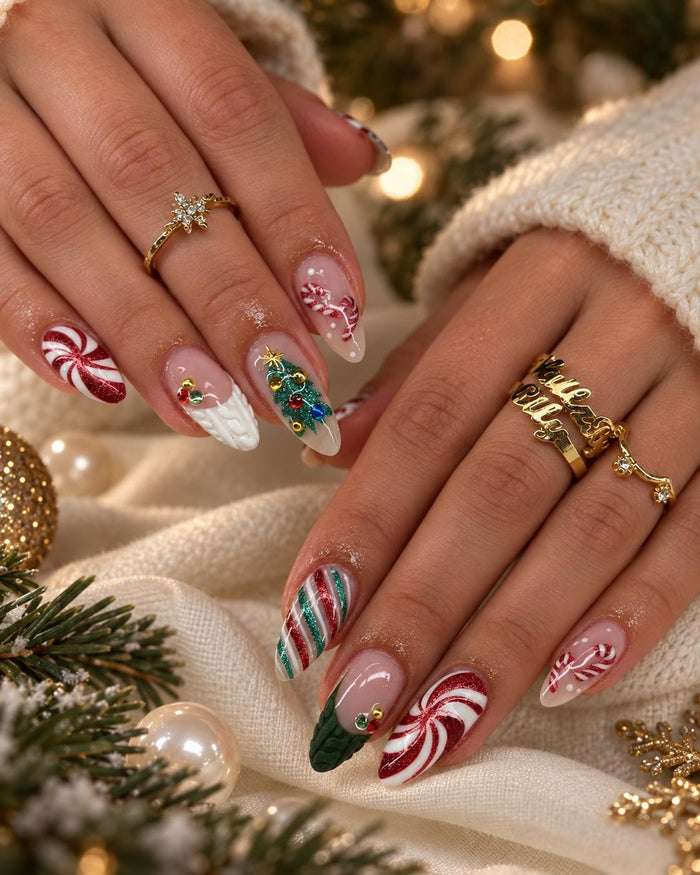 Christmas Candy Cane Press On Nails With 3D Tree and Glitter