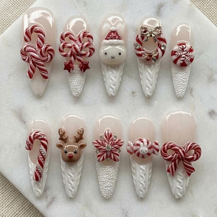Christmas Candy Cane Press On Nails with Bows, Reindeer and Raised Details