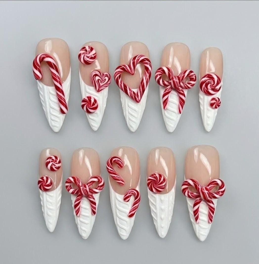 Christmas Candy Cane Press On Nails With Raised Bows, Hearts, and Cable-Knit Texture