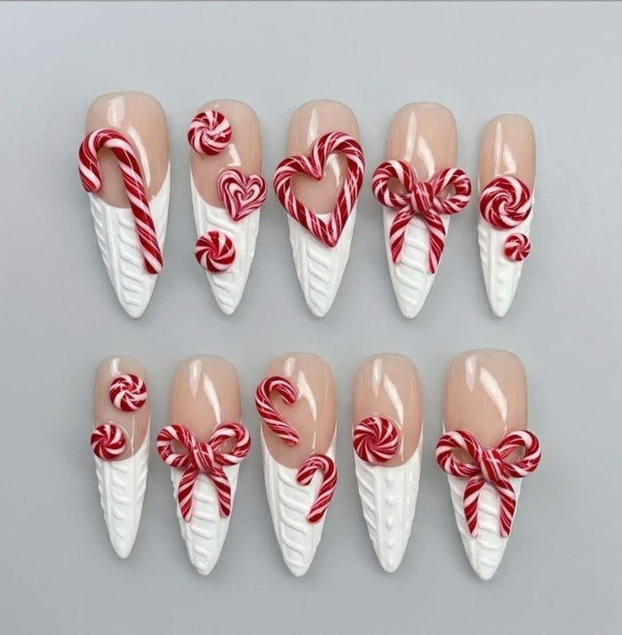 Christmas Candy Cane Press On Nails With Raised Bows, Hearts, and Cable-Knit Texture