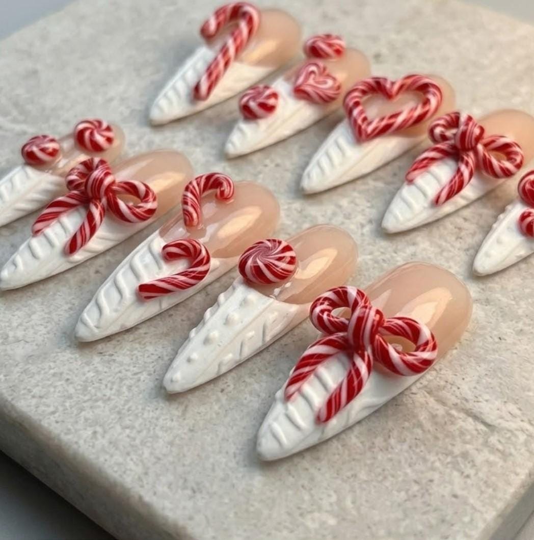 Christmas Candy Cane Press On Nails With Raised Bows, Hearts, and Cable-Knit Texture