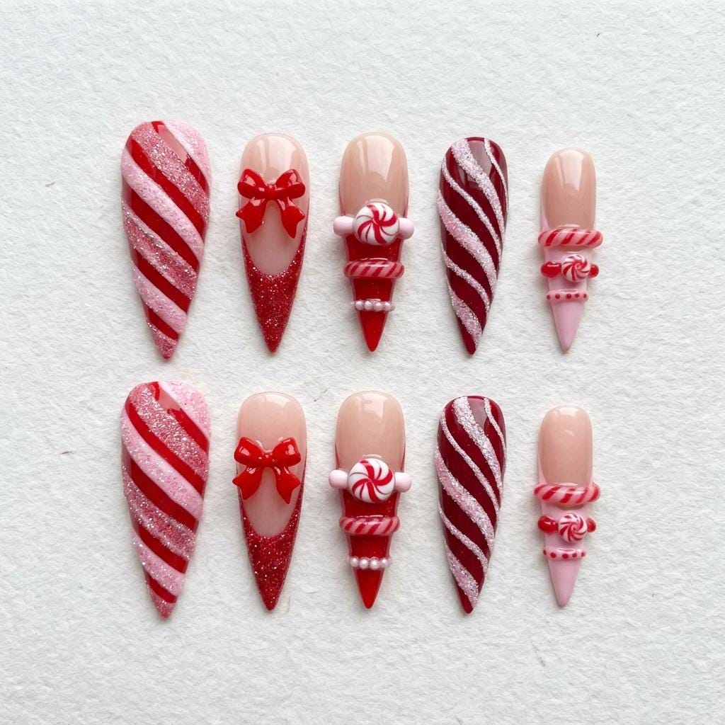 Christmas Candy Cane Press On Nails With Red Bows and 3D Peppermint Details