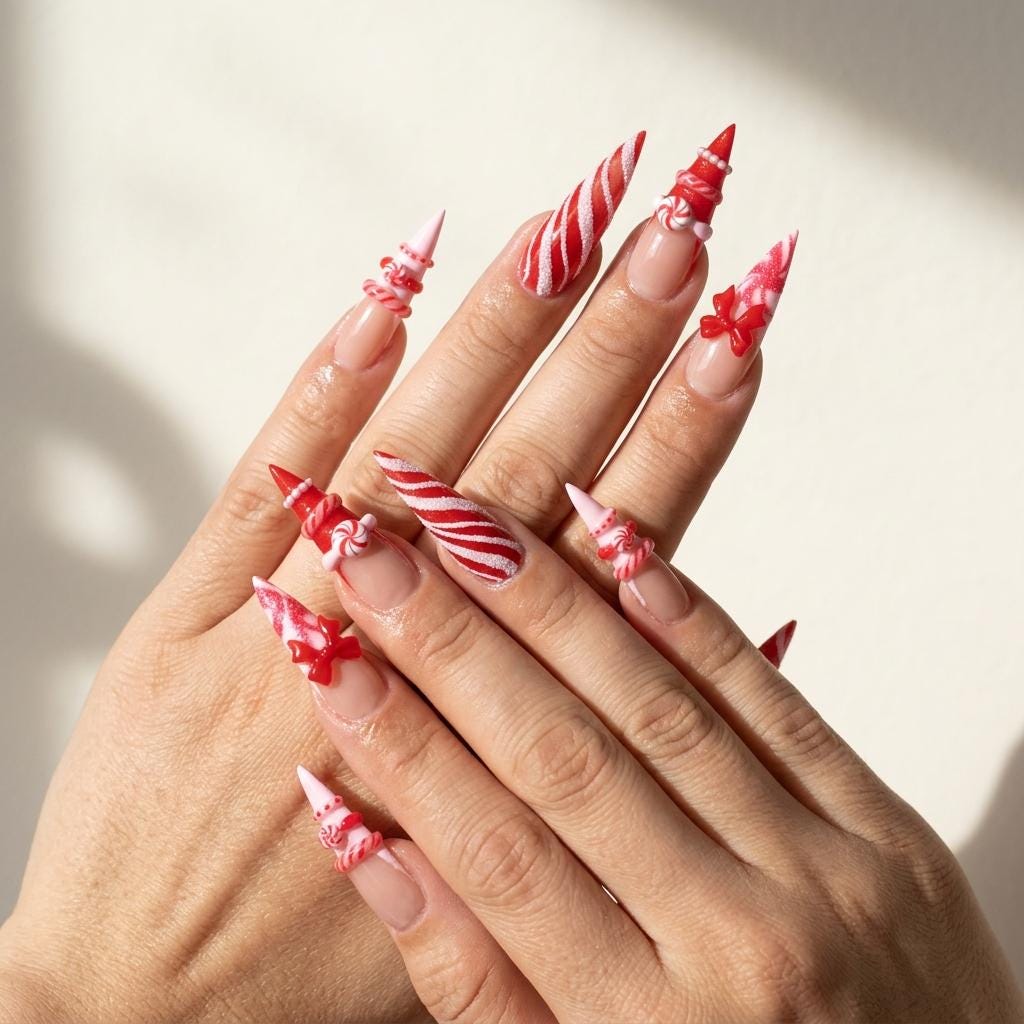 Christmas Candy Cane Press On Nails With Red Bows and 3D Peppermint Details