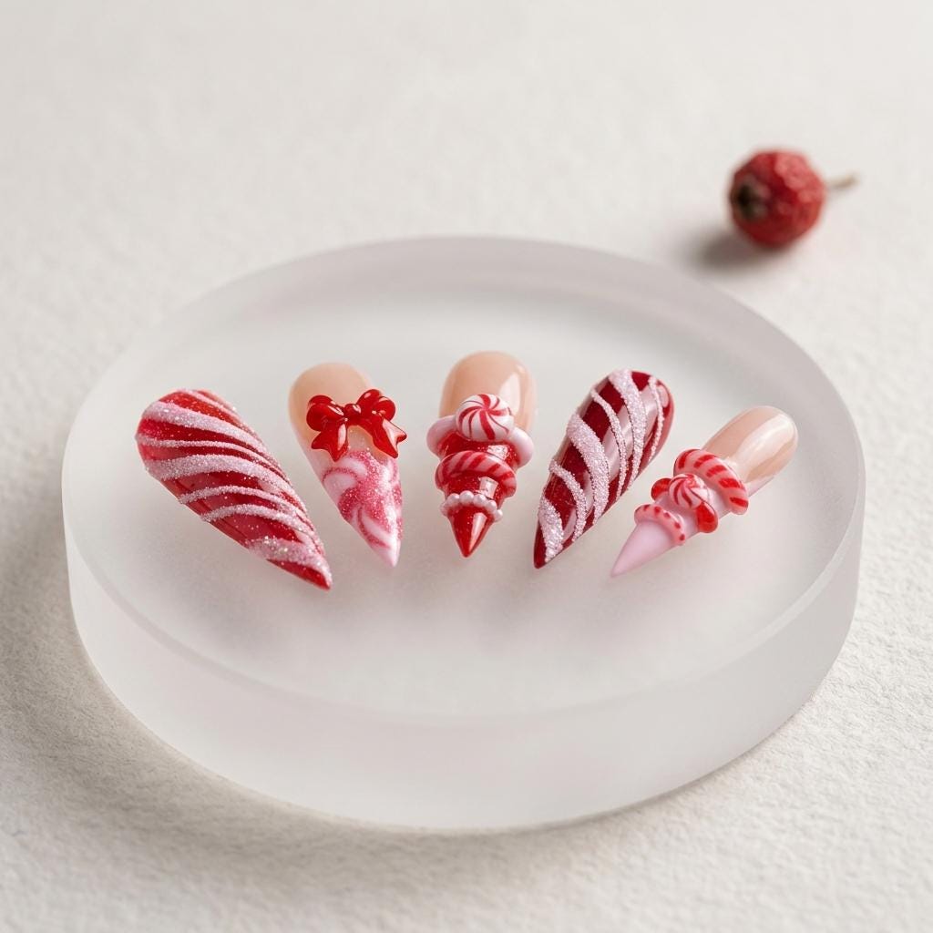 Christmas Candy Cane Press On Nails With Red Bows and 3D Peppermint Details