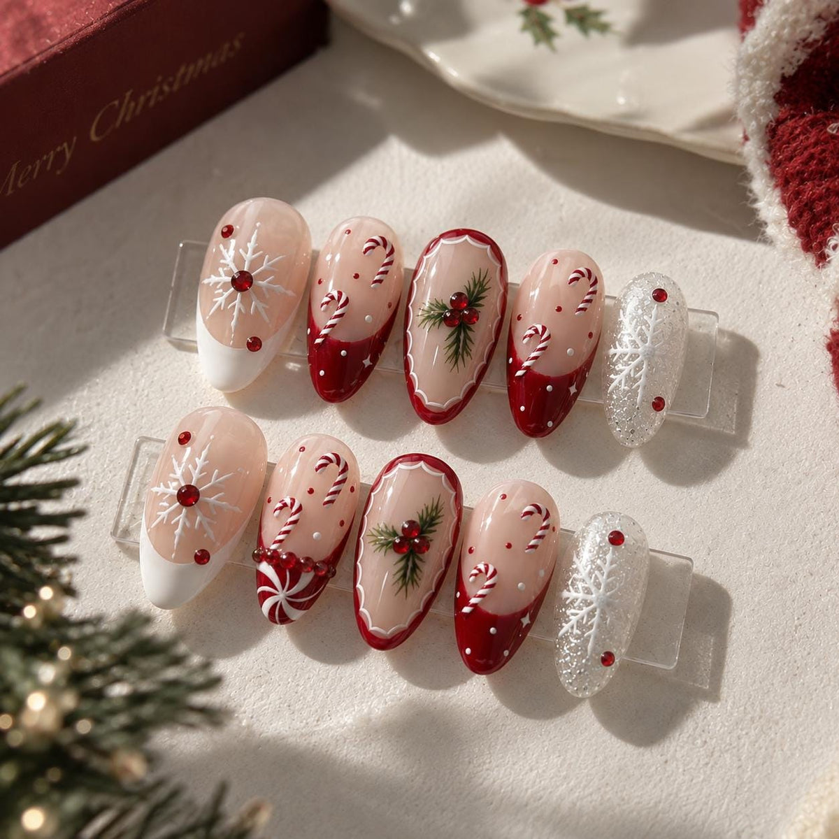 Christmas Candy Cane Press On Nails With Red French Tips, Snowflakes and Evergreen Sprigs