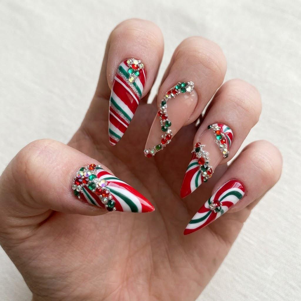 Christmas Candy Cane Stripe Press On Nails with Red and Green Rhinestones
