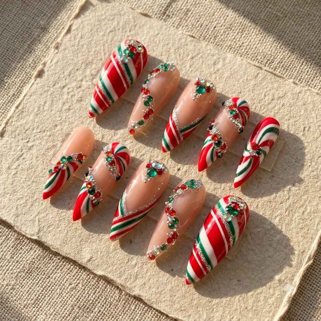 Christmas Candy Cane Stripe Press On Nails with Red and Green Rhinestones