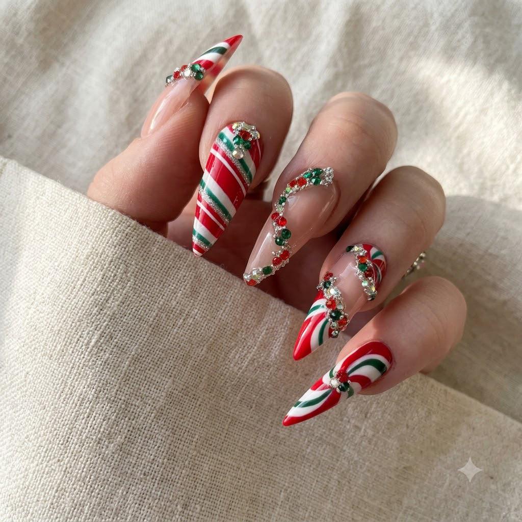 Christmas Candy Cane Stripe Press On Nails with Red and Green Rhinestones