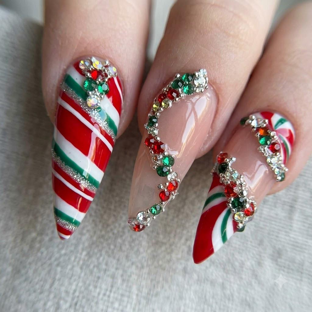 Christmas Candy Cane Stripe Press On Nails with Red and Green Rhinestones
