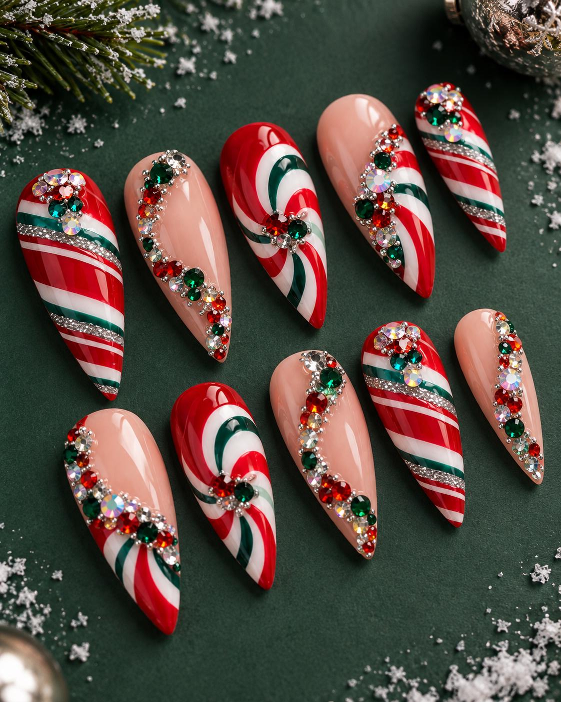 Christmas Candy Cane Swirl Press On Nails with Multicolor Rhinestones