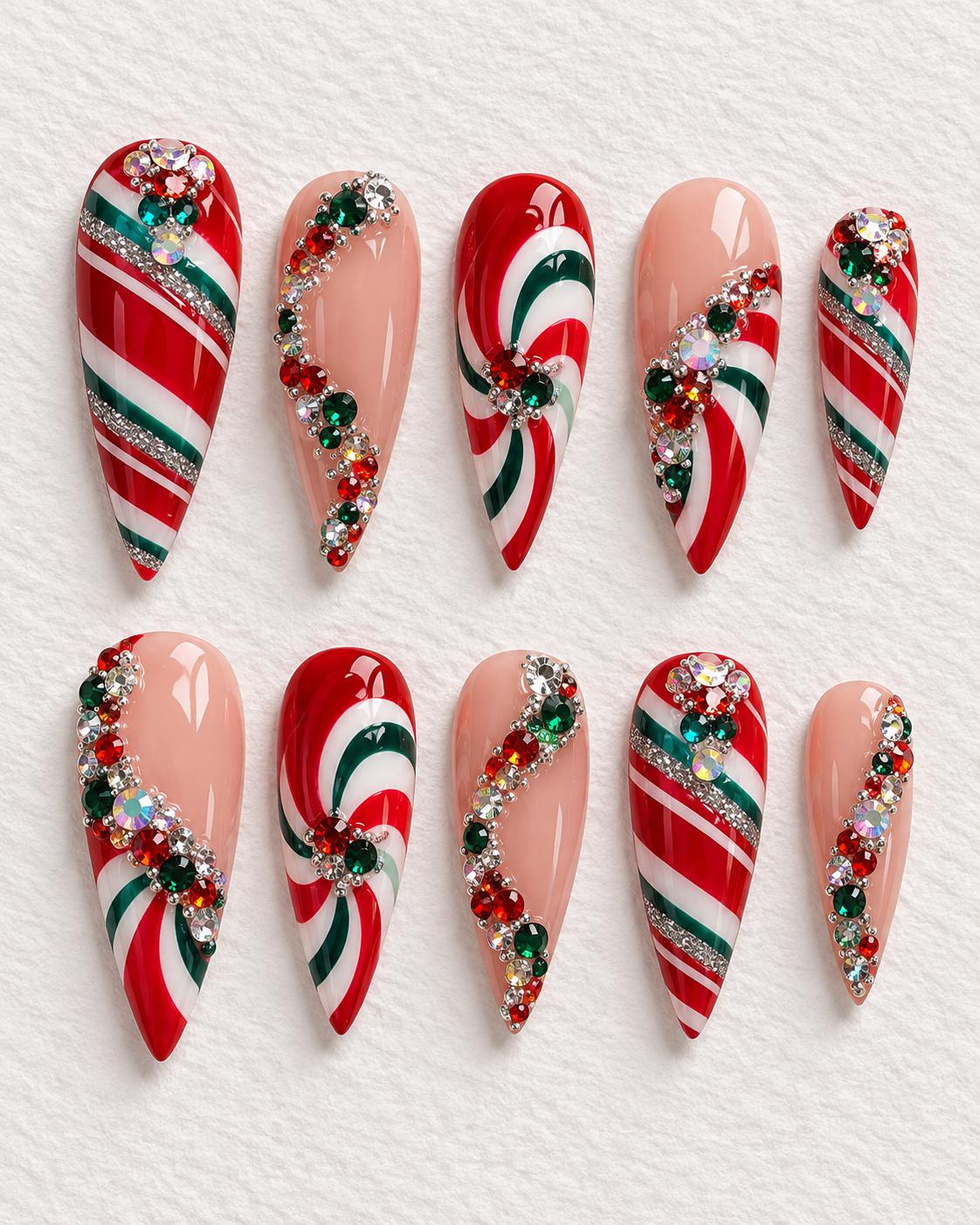 Christmas Candy Cane Swirl Press On Nails with Multicolor Rhinestones