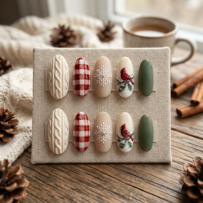 Christmas Cardinal Press On Nails With Plaid, Snowflakes, and Cable-Knit Details
