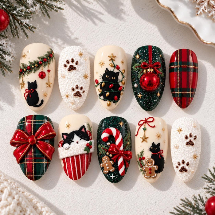 Christmas Cat and Gingerbread Press On Nails with Plaid, 3D Bows, and Gold Stars