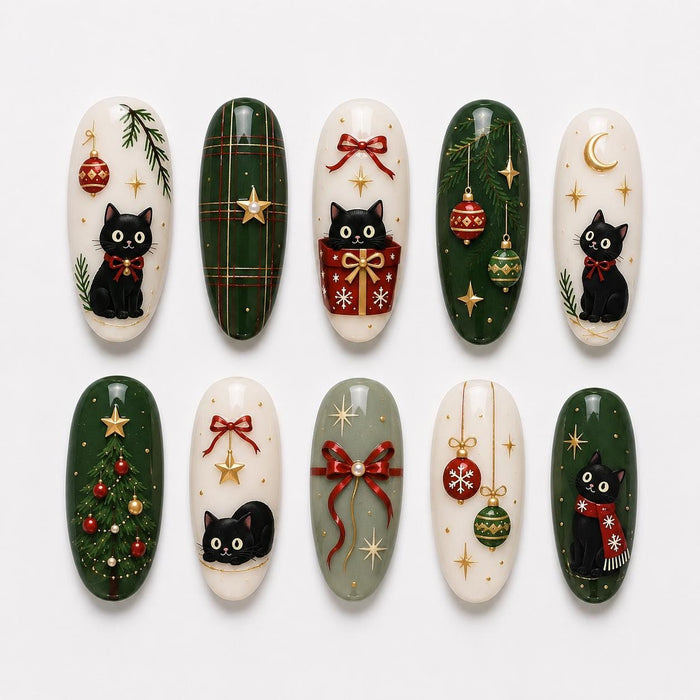 Christmas Cat and Green Plaid Press On Nails with Bows, Ornaments, and Gold Stars