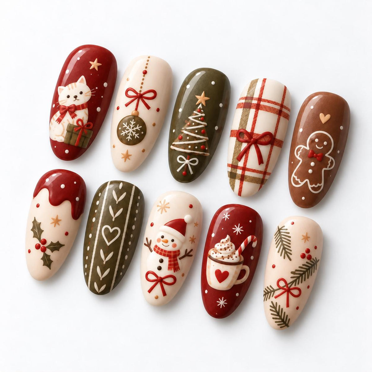 Christmas Cat and Winter Motif Nail Set in Red, Cream, Olive, and Brown