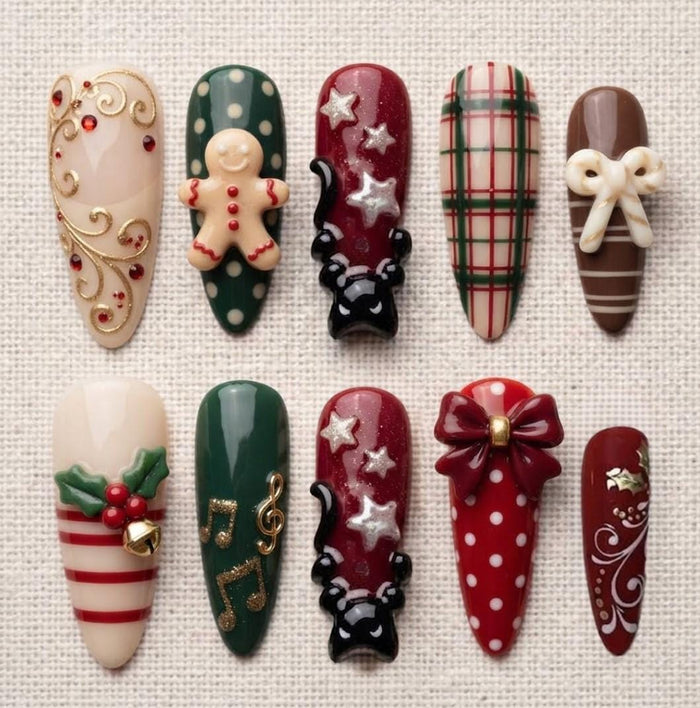 Christmas Cat, Gingerbread, Tartan Plaid and Bow Press On Nail Set