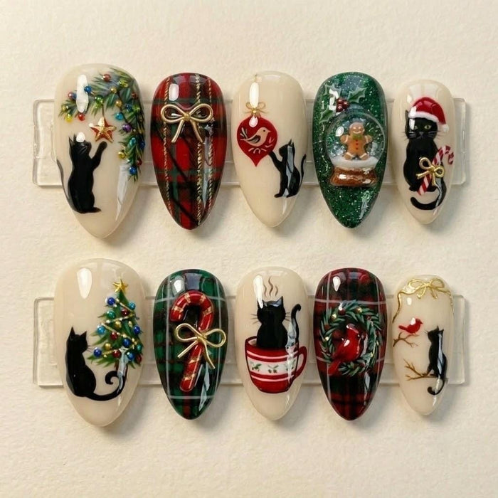 Christmas Cat Press On Nails with Plaid, Trees, Holly, and 3D Snow Globe