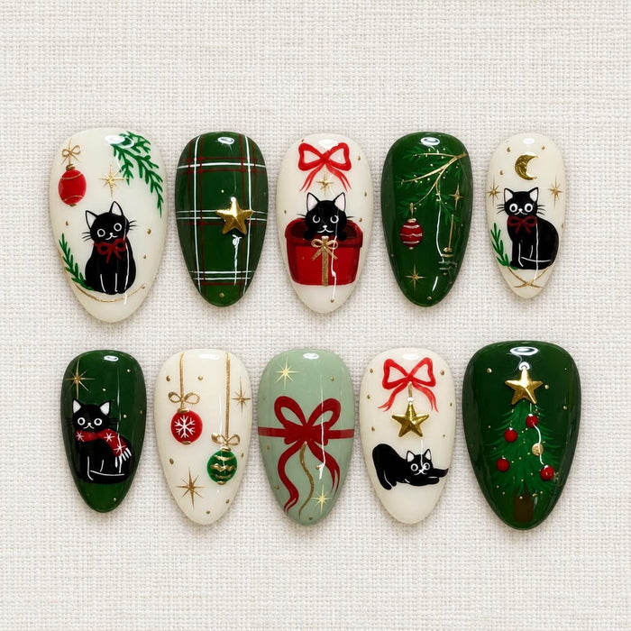 Christmas Cat Press On Nails with Red Bows, Plaid, Ornaments, and Evergreen Details