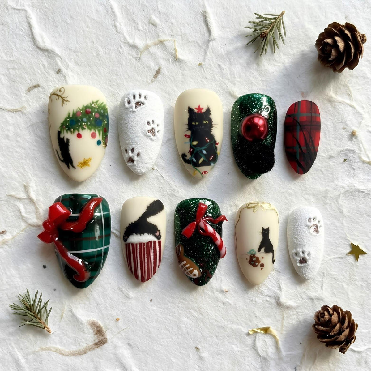 Christmas Cat Plaid Press On Nails With Glitter, Fuzzy Details and 3D Bows