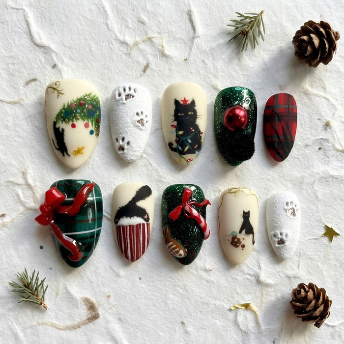 Christmas Cat Plaid Press On Nails With Glitter, Fuzzy Details and 3D Bows